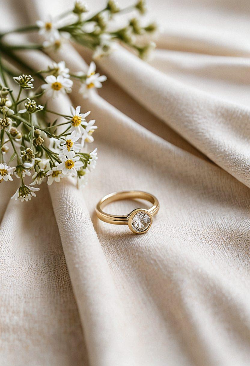 A beautifully arranged minimalist commitment ring set on a soft, neutral-toned fabric, surrounded by delicate wildflowers and subtle geometric shapes. Soft natural lighting creates an intimate atmosphere, highlighting the unique details of the rings. A gentle blur in the background enhances focus on the rings, conveying elegance and simplicity. elegant photography. soft colors. natural lighting.
